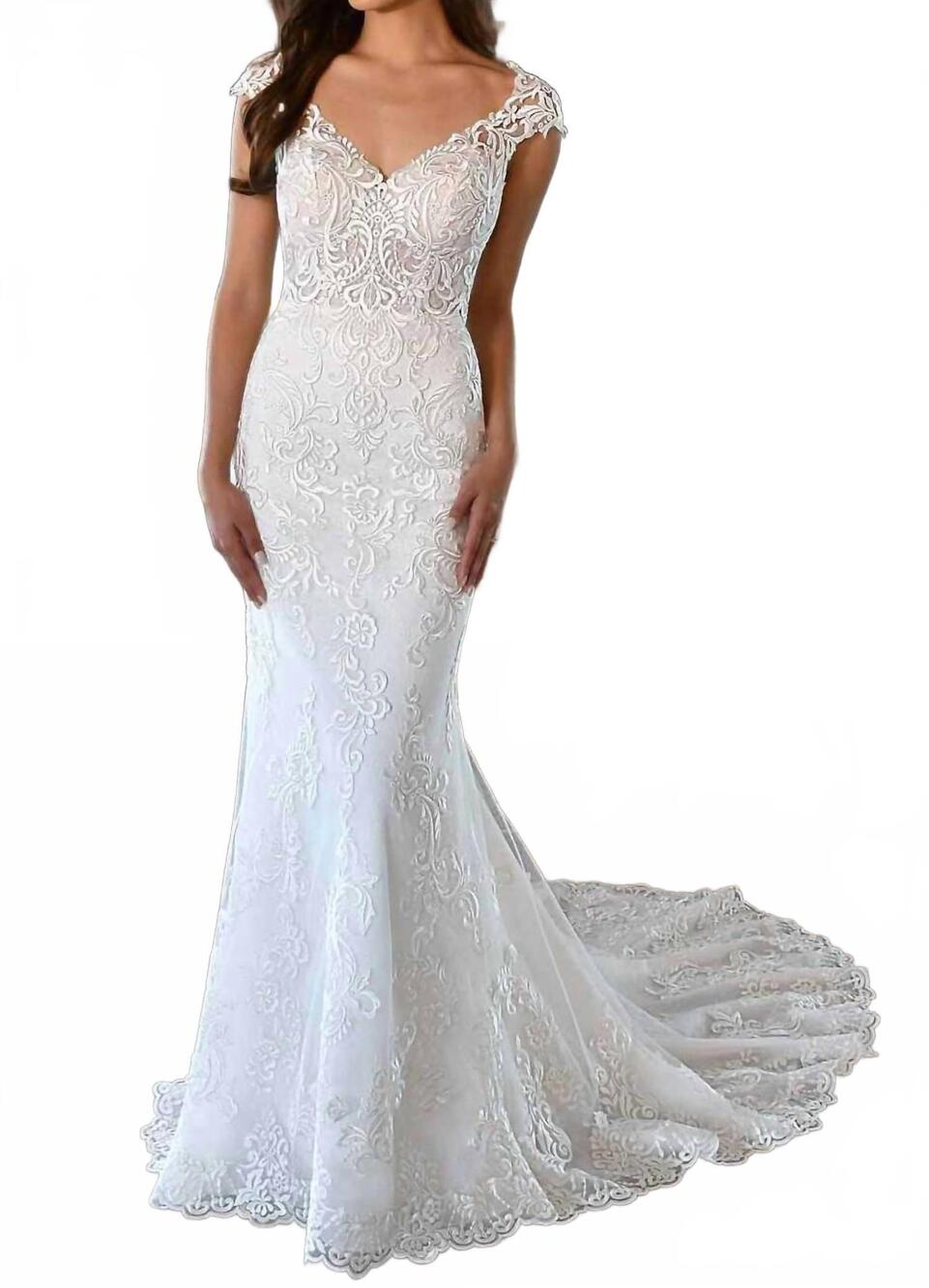 NEW STELLA YORK cap sleeves wedding gown in ivory/silver/ivory